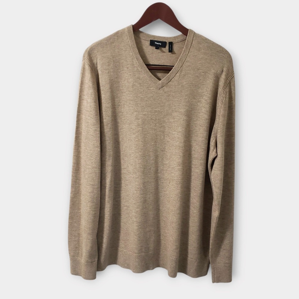 Theory Mens Wool Blend V-Neck Sweater Tan Beige Long Sleeve Knit Pullover XL